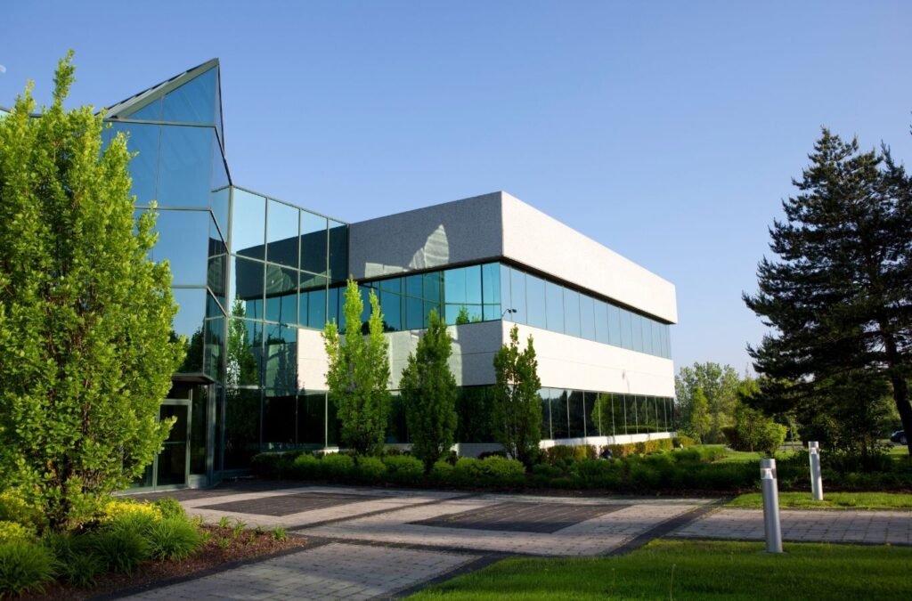 Glass office and garden path, for Lucena Painting commercial painting in Shrewsbury, MA. Commercial Painting Near Me.